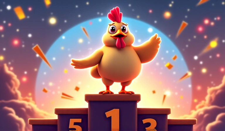 Escena de victoria en el podio con el personaje de pollo