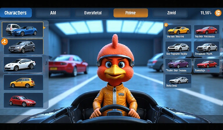 Pantalla de selección de personaje con pollo piloto
