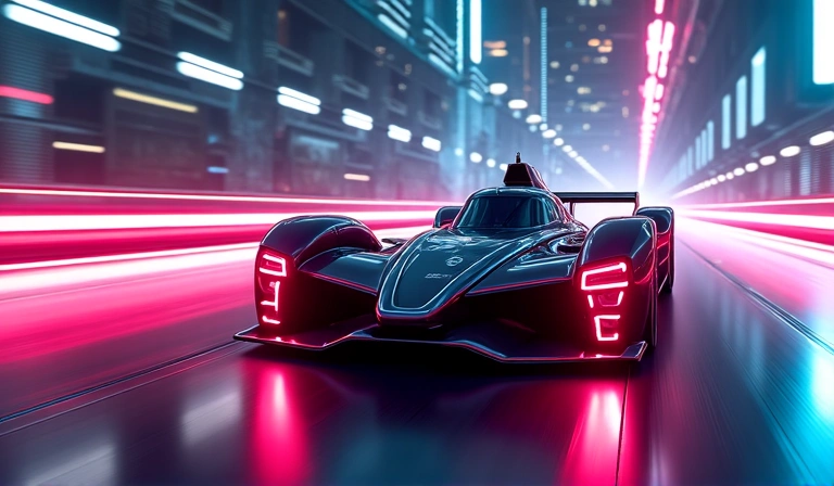 Vehículo de carreras futurista en una pista de alta velocidad con luces de neón
