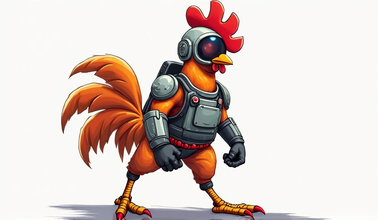 Arte conceptual de un personaje piloto de gallina con armadura