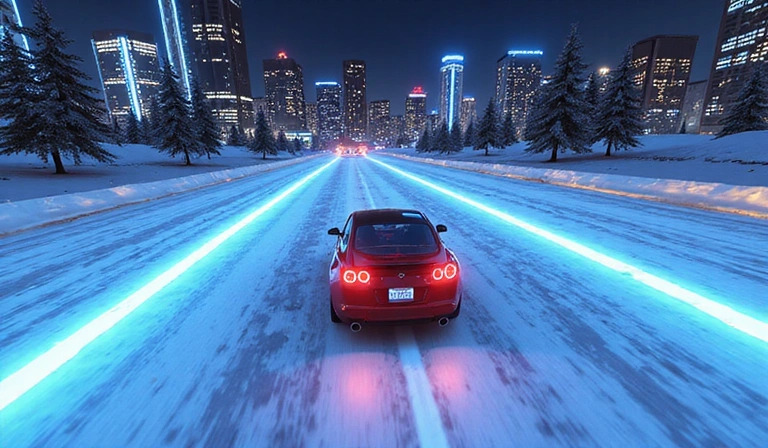 Captura de pantalla de carrera de gallinas en una pista de hielo con luces de neón