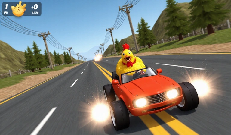 Captura de pantalla de una gallineta de carreras usando un power-up en la pista