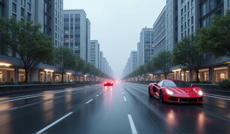 Captura de pantalla de carrera de gallinas bajo la lluvia en un circuito urbano