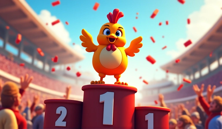 Piloto de gallina celebrando una victoria en el podio