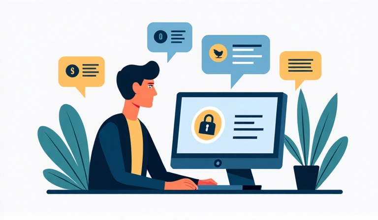 Ilustración de una persona usando una computadora, con símbolos de seguridad y reglas de uso de internet, representando el uso responsable del sitio web.