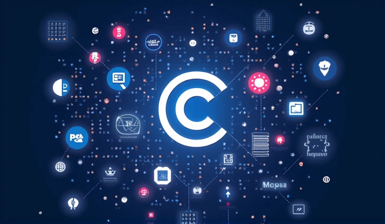 Ilustración abstracta de derechos de autor y propiedad intelectual con símbolos de copyright y patentes flotando sobre un fondo digital.